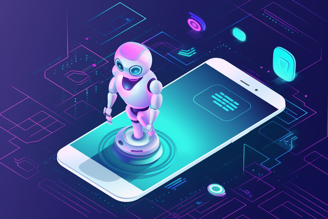 a cute robot exit from a smartphone in vector illustration