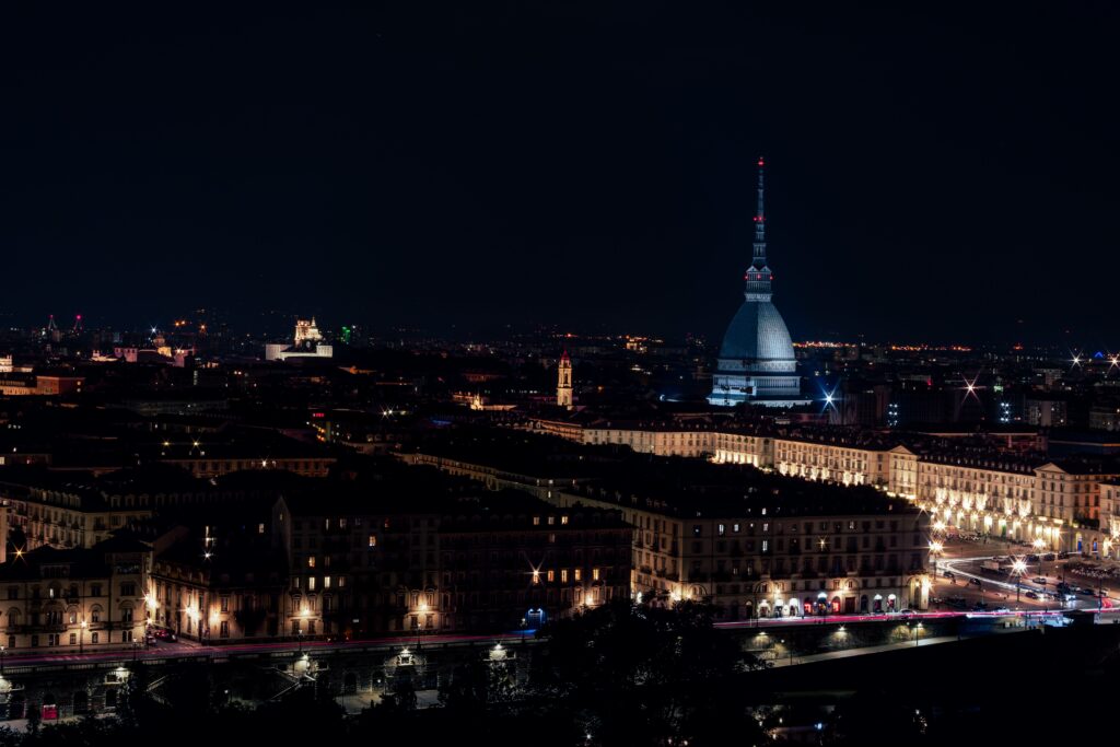 turin at night, italy panorama